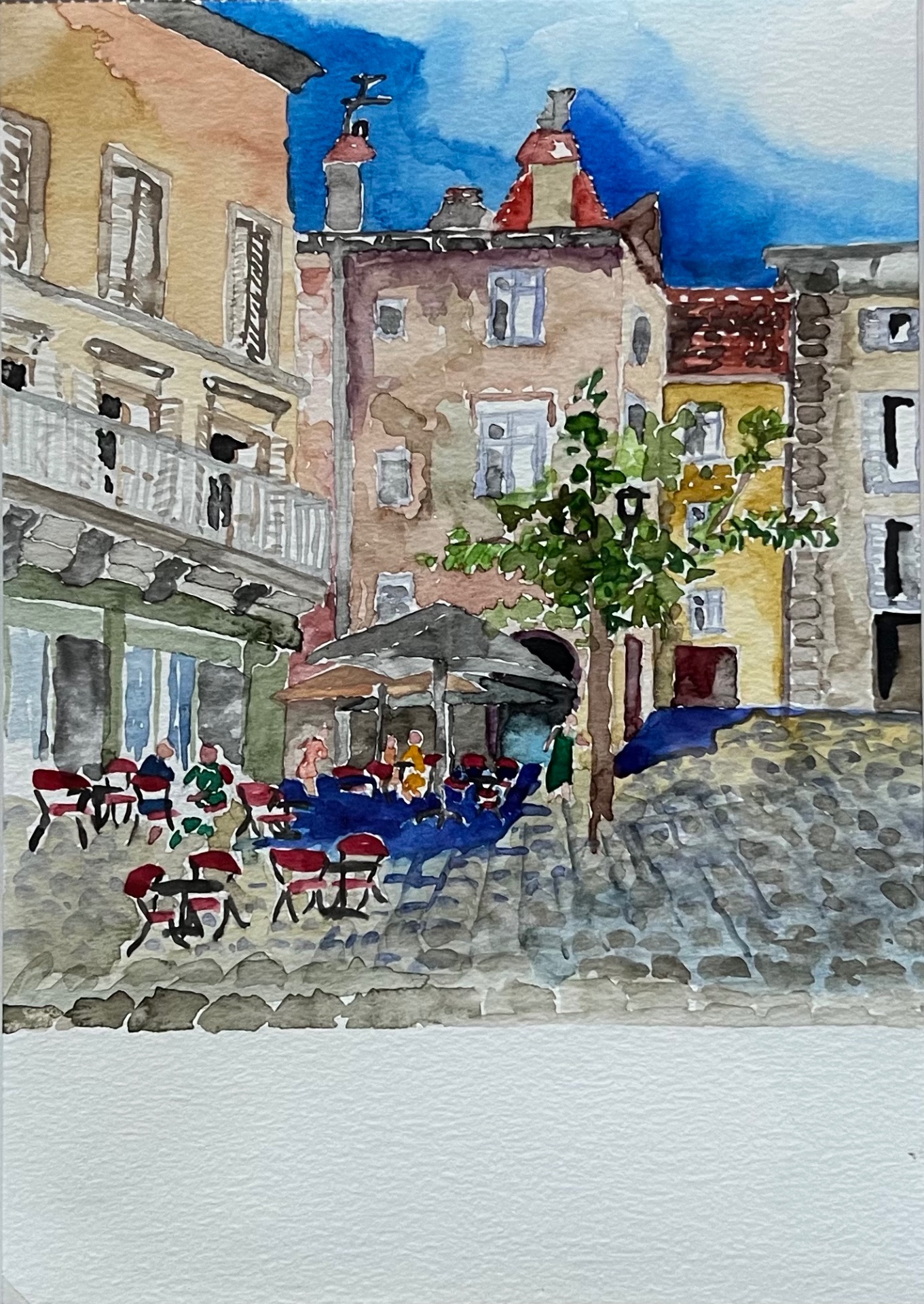Café an der Piazza — Aquarell von Oda